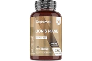 WEIGHTWORLD Lions Mane 365 Compresse Vegane, 1 al Giorno (Scorta di 1 Anno), Hericium Erinaceus 50% Polifenoli, con Pepe Nero, Criniera di Leone, Integratore da 2000 mg (Estratto 25:1), Senza Magnesio Stearato