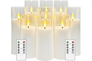 MozkeTo19 Flickering Flameless Candles Battery Operated with Remote and 2/4/6/8 H Timer Plexiglass Led Pillar Pack of 9 (D2.3''xH 5''6''7'') with Realistic Moving Wick (White)