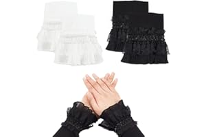AHANDMAKER 2 Paar Geschichtete Jabot-Manschetten Aus Spitze, Florale Spitzenmanschetten Falsche Ärmel Spitze Stretch Handgelenkmanschetten Frauen Kurze Spitzenhandschuhe Für Pullover Prom Themenparty