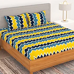 Bedspun - Bedsheet Flora Collection, Glaze Cotton Bedsheet, Glaze Cotton Double Bedsheets with 150 TC, Double - Queen Size Bedsheet & 2 Pillow Covers (Chevron, Blue and Yellow)