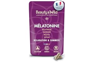 BEAUTY & WILD Mélatonine pour mieux dormir, Sommeil et Relaxation, 1.9mg de mélatonine + Valériane, Mélisse, Pavot californien, Safran et Vitamine B6, Sans accoutumance, 90 nuits, 1 gélule/jour, Made in France