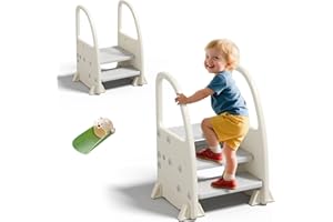 hoopyosms Sgabello per Bambini con Corrimano, Scaletta Regolabile a 2/3 Gradini, Antiscivolo e Sicura per Bagno e Cucina, Grigio
