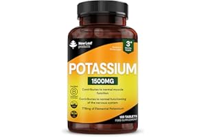 NEW LEAF PRODUCTS Potassium Supplements 1500mg High Strength - 180 Vegan Potassium Mineral Electrolytes Supplement - Contributes to Normal Muscle Function, Nervous System - Non-GMO, Made in UK by New Leaf