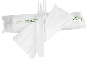 ECORIGIN Sets de cubiertos fabricados en Pla biodegradables y compostables. Incluye bolsa contenedora biodegradable y compostable para mayor higiene. (100, Tenedor, cuchillo, y servilleta)
