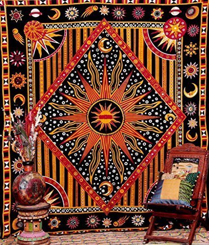 Handicrunch Golden Black Sun Star Tapestry Exotic Celestial Wall Art for Home