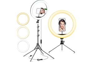 LIPETY 12" Selfie Ring Light with Tripod Stand & Phone Holder, Tall Large LED Ringlight Dimmable 3-Color Floor & Desk Circle Lights for Makeup YouTube Video Vlog Live Streaming Zoom Meeting