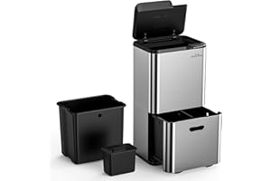 mVm Poubelle Cuisine Tri Sélectif 63 Litres,3 Compartiments, Acier INOX,Poubelle Recyclage Rectangulaire à Pédales,Couvercles, Poignées,Fermeture en Douceur,Anti Traces,Anti Odeurs