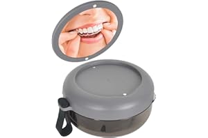 SAVOSWEET Dental Denture Box with Mirror, Dental Device Holder with Basket, Portable Orthodontic Appliance Box, Grey Mouthguard Case, Denture Box