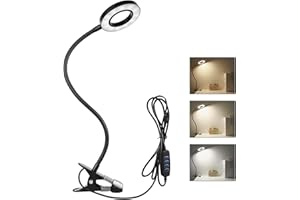 Semlos Desk Lamp Clamp, LED Clip on Light Bedside Light, White & Warm Dimmable Lights, USB Light for Reading Studying, Bed Clip Lamp with 3 Colors 10 Brightness, Black, 8W
