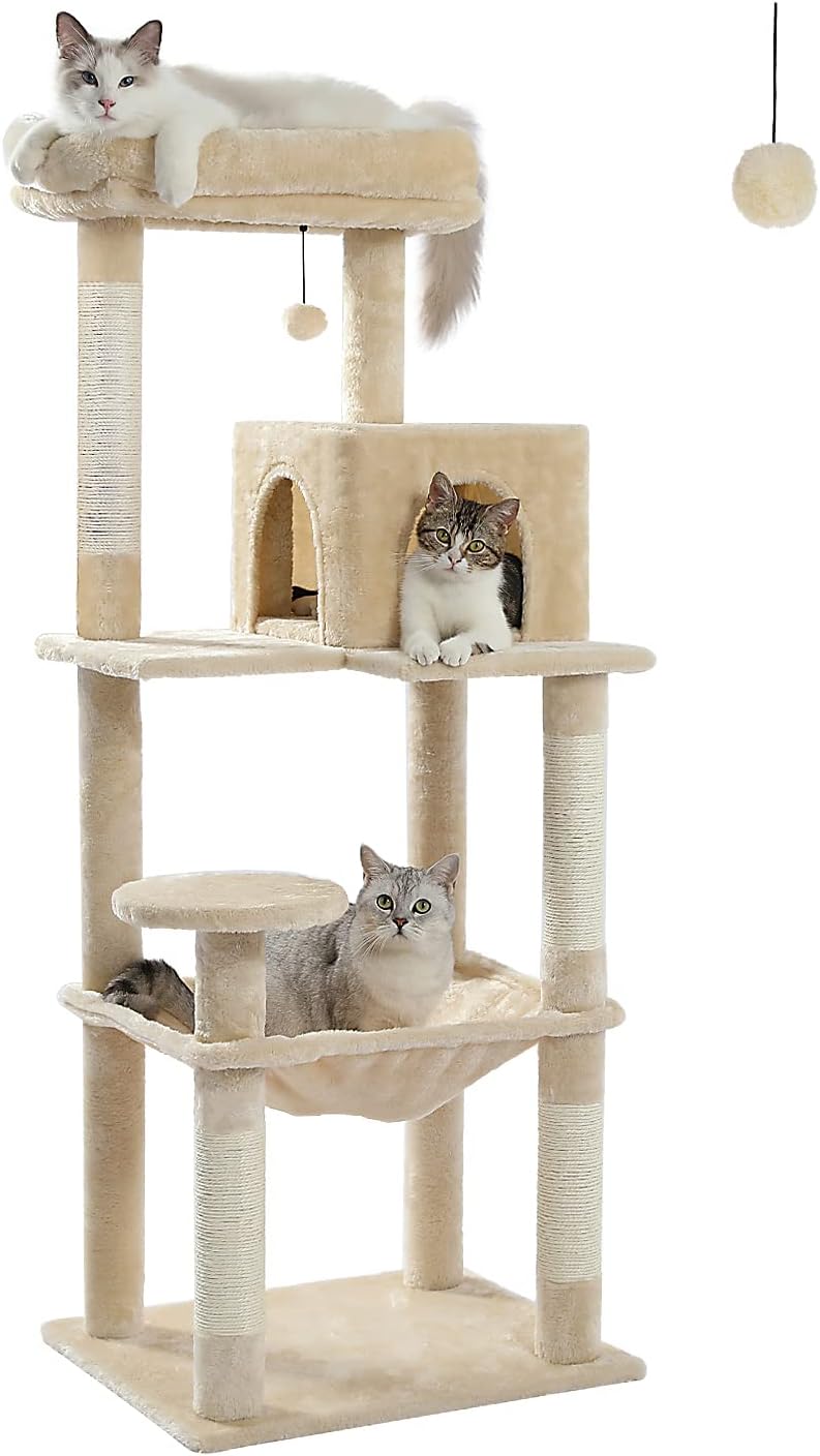 PAWZ Road 143cm Cat Tree for Indoor Cats with Metal Frame Large Hammock, 56.3 Inches Big Cat Tower with Scratching Posts and Top Perch, 4.7ft Multi-Level Activity Center with Replaceable Pompon, Beige