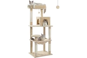 PAWZ Road Katzenbaum mit Metall-Plüsch-Hängematte, Katzenturm für ausgewachsene Katzen mit 2-türigem Condo-Haus, 6-stufige Katzenregale mit Kratzpfosten und großer oberer Sitzstange beige 143cm