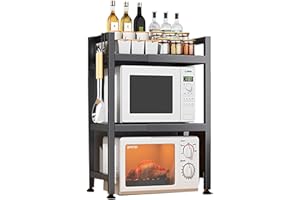 Vinteky Estante Extensible para Horno Microondas de 3 Niveles con 3 Ganchos para Colgar, Soporte para Microondas Ajustable, Estante para Horno de sobre Encimera de Cocina, Negro