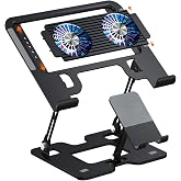 Dyazo Foldable Metal Laptop & Mobile Stand with Dual Cooling Fans | Adjustable Height & Angle | Ventilated Silent Operation |