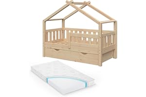 VitaliSpa Letto montessori bambini Design, Legno naturale, 147.6 x 77 cm con cassetto e materasso