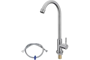 LEADAHEAD Cold Water Only Faucet 1 Hole Gooseneck Kitchen Sink Taps with 360 Degree Swivel Spout Lead-Free Single Handle SUS304 Stainless Steel Deck Mount Sink Bar Tap with One 80CM Long Hose Brushed Nickel