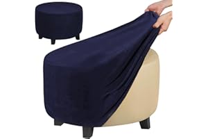 Eummy Round Ottoman Cover High Stretchy Pouffe Cover Soft Plush Round Footstool Cover Washable Elastic Velvet Ottoman Slipcover Anti-Slip Ottomans Stool Chair Protector Cover (Navy)