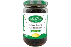 VALLE DEL CRATI ECCELLENZE GASTRONOMICHE DAL 1998 Olive Nere Arraganate , Olive Nere Infornate Sottolio Condite con Peperoncino, Olive Nere Speziate Sottolio per Aperitivo Condimento Antipasto, Vasetto (250 gr)