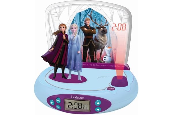 Lexibook, La Reine des Neiges, Réveil Projecteur Elsa & Anna, Veilleuse et Projection de l'heure au Plafond, Effets sonores, Garçon, Fille, à Piles, Bleu/Violet, RP510FZ