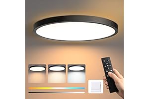 EDISHINE Lampa sufitowa LED do ściemniania, płaska okrągła lampa sufitowa LED z pilotem, ciepła biel / neutralna biel / zimna biel (3000 K/4000K/6000K), czarna lampa sufitowa do salonu, łazienki,