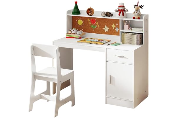 GOPLUS Skrivbord barn med stol, barnskrivbord, trä med hylla, låda, skåp och anslagstavla, ungdomsskrivbord för mat, lärande, teckning, för flickor och pojkar från 3–8 år