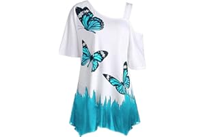 TIMEMEAN Blouses pour Femme T-Shirt Imprimé Papillon à Epaule Dénudée De Grande Taille Chemisiers Confortables D'été à Manches Courtes Et Ourlet Irrégulier