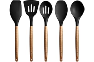 Miusco Utensili da Cucina in Silicone Antiaderenti, 5 Pezzi, Set di Utensili da Cucina con Manico in Legno Duro di Acacia Naturale, Cucchiaio da Cucina, Nero, Senza BPA, per Cottura e Portata