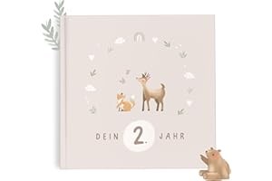 mintkind® Babyalbum zweites Lebensjahr Hardcover Babytagebuch zum Eintragen Erinnerungsbuch und Fotoalbum Baby Geschenkidee für Jungen und Mädchen liebevoll gestaltetes Babybuch Beige