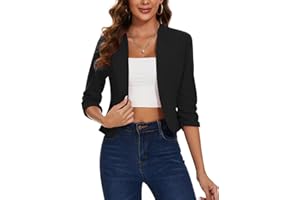 MINTLIMIT Womens Cropped Blazer Collarless Suits & Blazers Open Front Jackets 3/4 Ruched Sleeves Outerwear Half Linen Cardigan