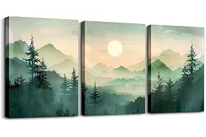 Homewish Boho Bergsduk Canvas Väggkonst Set Av 3, Akvarell Furu Trä Ram Väggkonst Abstrakt Dimmig Grön Skogsmålning Väggdekoration Natur Landskap Soluppgång Väggdekorationer För Vardagsrum