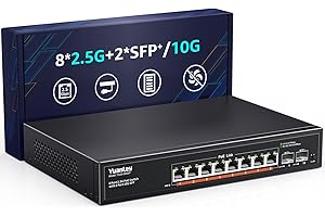 YuanLey 10 Port 2.5G PoE Switch Non Géré, 8 x 2.5G Base-T Ports PoE, 2x10G SFP, IEEE802.3af/at, 120W, Compatible avec 100/1000/2500Mbps, Métal Sans Ventilateur, Montage Mural Commutateur Réseau 2.5Gbe