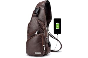 Vohoney Sac de Poitrine Homme Sacoche à Bandoulière Sacs a Dos Porté épaule Travers Sac Rétro en PU Cuir Étanche Bandoulière avec USB Ports, Homme Sac de Poitrine Brun Foncé, M
