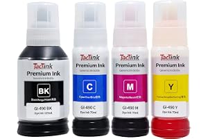 TacTink Gi-490 Ink Bottle 490 Ink Tank Cartridge for Canon Ink GI 490 EcoTank for Canon Pixma G1400 G1410 G1411 G2400 G2410 G2411 G3400 G3410 G3411 G4400 G4410 G4411 (4 Pack Black Cyan Magenta Yellow)