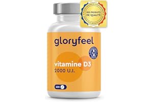 GLORYFEEL Vitamine D3 2000 UI, 400 Comprimés, 100% Cholécalciférol Pure, 1 Comprimé par Jour, Vitamine D Hautement Dosée, Cure d'un An, Soutient la Santé des Os, Muscles et Dents*, Sans Additifs