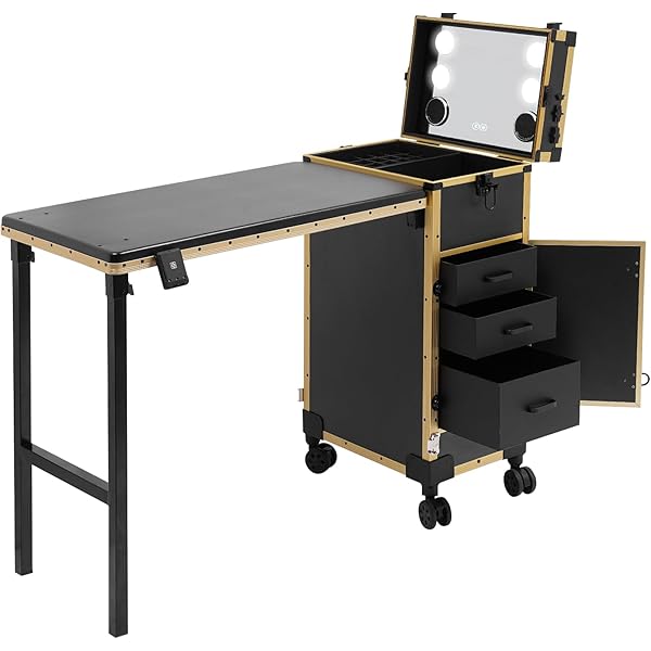 MINRS Valise De Maquillage à Roulettes - Avec Miroir Et Lumière - Hauteur Et Luminosité Réglables - Pour Les Voyages, Les Coiffeurs, Les Maquilleurs - Rose Doré