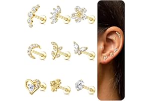 ADRAMATA 9Pcs 16G Cartilage Boucles d'Oreilles pour Femmes Tragus Helix Boucles d'Oreilles Filetage Interne Labret CZ Boucles d'Oreilles Papillon Lune Or Argent Boucles d'Oreilles Piercing pour Femme
