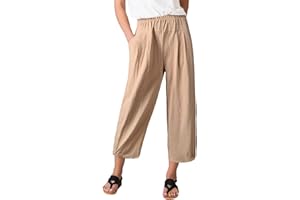PASUDA Pantalon Femme Été Coton Lin 7/8 Pantalons Fluide Large Taille Haute Elastique Décontractée Pantacourt Solide Couleur Léger Sport Longueur Pants avec Poches