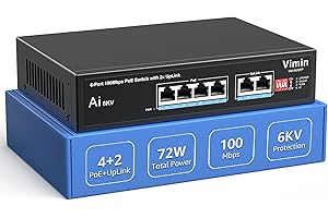 [Upgraded] 6-Port PoE Switch with 4 Port PoE, VIMIN 4-Port Unmanaged 10/100Mbps Network PoE Switch with 2 Uplink Ports, AI Watchdog, VLAN, Extend 250m, Support IEEE802.3af/at, 72W PoE Power