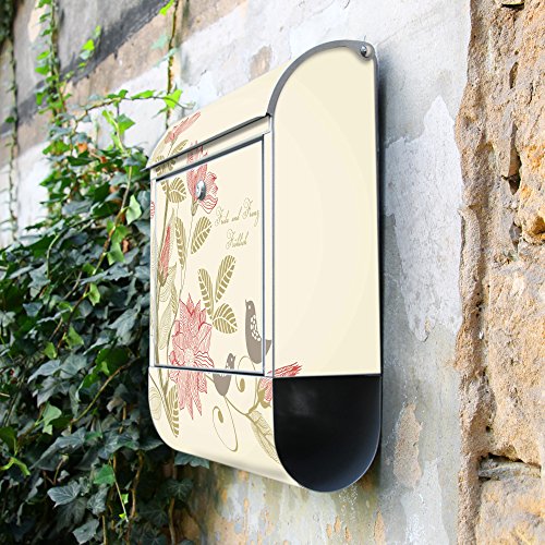 Design Briefkasten mit Zeitungsfach, Designer Motivbriefkasten mit Zeitungsrolle kaufen, für A4 Post, groß, bunt, Briefkastenschloss 2 Schlüssel, von banjado Motiv personalisiert Beschriftung Hausnummer Name Motiv Vogelhochzeit - 9