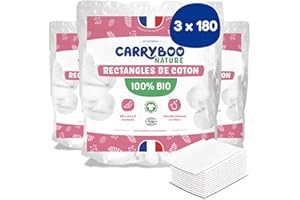 CARRYBOO - Carrés Cotons Bébé 100% Bio - Peaux Normales & Sensibles - Ultra Doux & Résistants - Hypoallergéniques - Change & Toilette - Pour toute la famille - 540 cotons