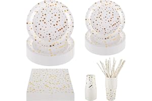 CEILIWEN 125PCS White & Gold Stars Party Tableware Set - 9'' & 7'' Foil Paper Plates, Napkins, Cups & Straws - for Christmas, Birthday, Wedding, Graduation, New Year (White & Gold Stars)