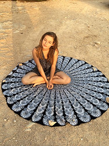 urbancharm- schwarz & weiß indischen Pfauenfeder Mandala rund Roundie Beach Überwurf Tapisserie Hippie Boho Gypsy Baumwolle Tischdecke Strandtuch