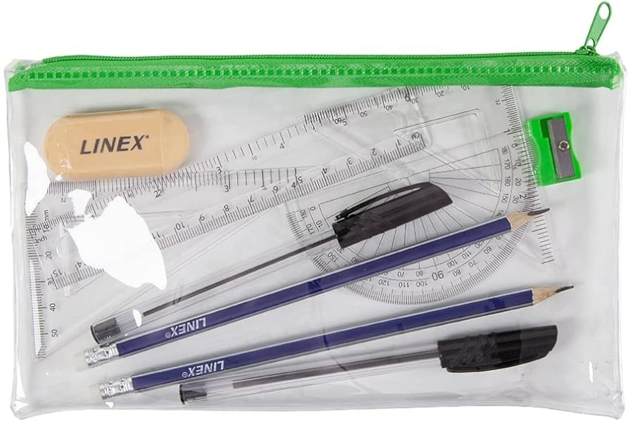 Linex Clear Exam Pencil Case with Maths Set & Stationery, Exam-Approved Transparent Pencil Case with Geometry Tools for School, College & University