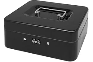 PACOLO Steel Cash Box with Combination Lock, Metal Small Money Organizer with Removable Money Tray,Cash Storage Box with Lockable Cover (Black - 20 * 16 * 8.5 CM)