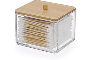 OGANAZI Wattestäbchen Box Acryl Wattepads Behälter Transparent Aufbewahrungsbox mit Bambusdeckel Klein Schminktisch Organizer für Tupfer, Tampon, Beauty-Ei, Schmuck, Kosmetik, Haarbänder (Quadrat)