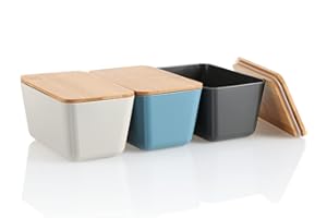 COM-FOUR® 3x storage box z bambusowa pokrywa - pojemnik do przechowywania zywnosci i drobnych przedmiotów z tworzywa sztucznego - do kuchni (3 sztuki - ciemnoszary. jasnoszary. niebieski)