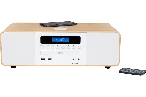THOMSON Micro Chaîne Bluetooth Lecteur CD, Enceinte HiFi 50W, Radio FM, Chargeur Smartphone sans-Fil Induction Compatible Iphone et Samsung Galaxy, Port Aux et USB, MP3 - MIC201IBT