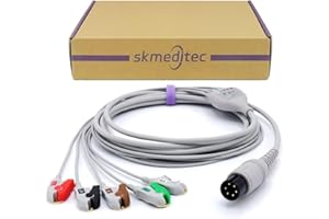 skmeditec Compatible with Welch Allyn/PHphilips/Spacelabs ECG/EKG 5 Lead IEC Cable with Pinch Connector, 6 Pins Round Connector With Resistor 1K