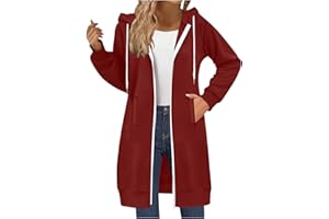 LINKPIG Damen Kapuzenjacke Lang Sweatjacke mit Kapuze Hoodie Jacke Herbst Winter Mantel Sweatshirts Hoodie Outwear Langarm Kapuzenpullover Strickjacke mit Reißverschluss Taschen