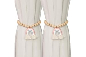 AUSING Set di 2 fermatenda arcobaleno con perline di legno, in cotone, con magnete, decorazione per la cameretta dei bambini, rosa chiaro