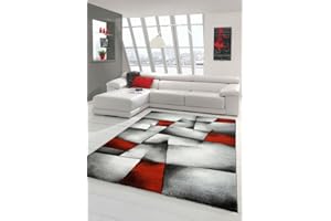 Teppich-Traum Designerski dywan, nowoczesny dywan do salonu, z krótkim włosiem, z cięciem konturowym, wzór w kratkę, czerwony, szary, biały, czarny (200 cm, okrągły)